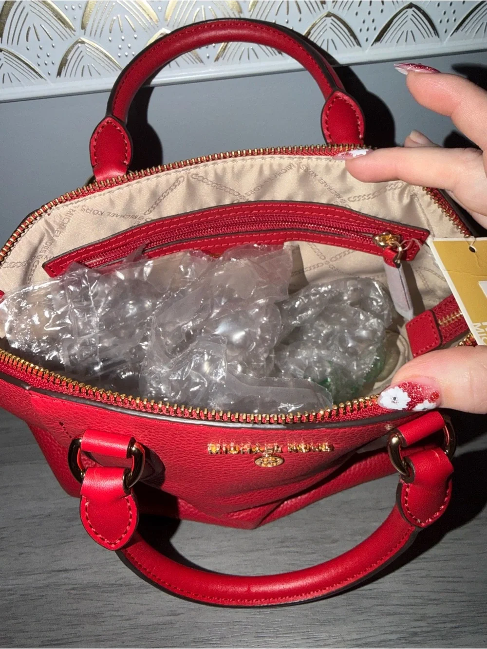 Michael Kors Red Pebbled Leather Dome Satchel with Gold Hardware